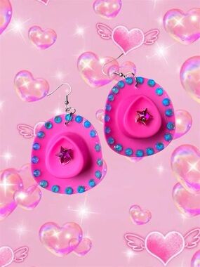 Hot Pink Cowboy Hat Earrings with Blue Rhinestones